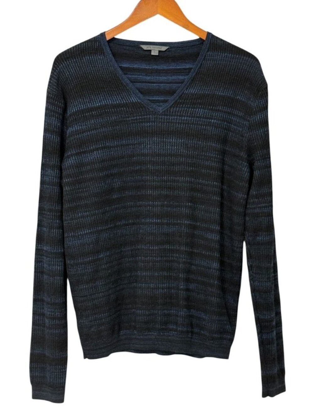 John Varvatos Men's V-Neck Sweater Blue Black Striped Ribbed Wool Blend Size L